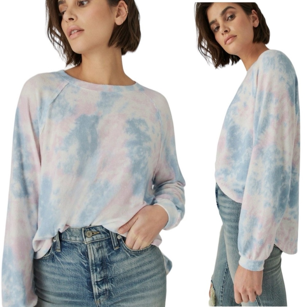 Lucky Brand Tie Dye Cloud Soft Pullover Sweatshirt XS NWT Pastel Blue Pink